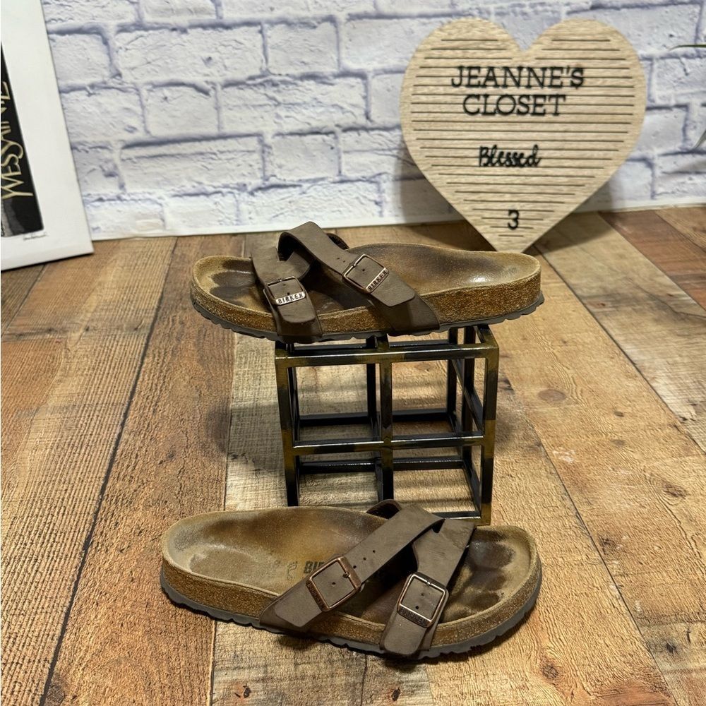 Birkenstock Yao Sandals 38 Womens 7 Mocha Brown Slide Slip On Buckle Strap Shoes